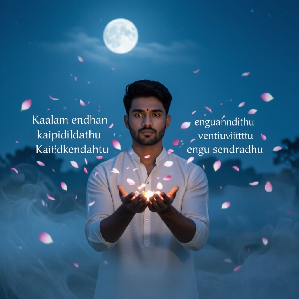 South Asian Man in Dreamlike Moonlight Landscape