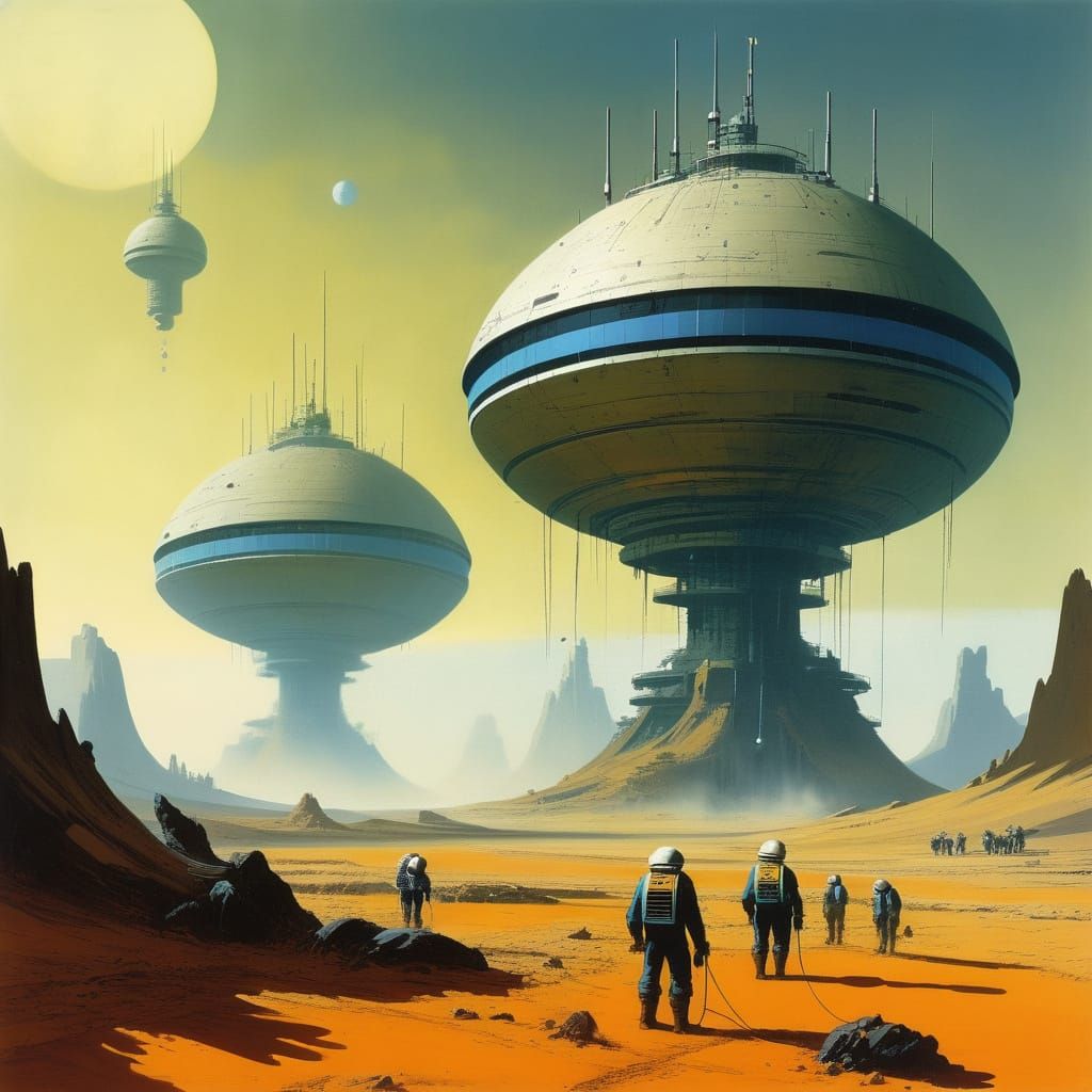 Colonists on a barren, dusty world, grunge, brutalism, dowsing for water with a high-tech scanner. Chris Foss