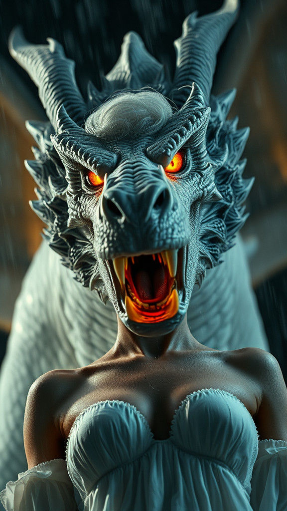 Screaming Woman and Dragon in Stormy Night