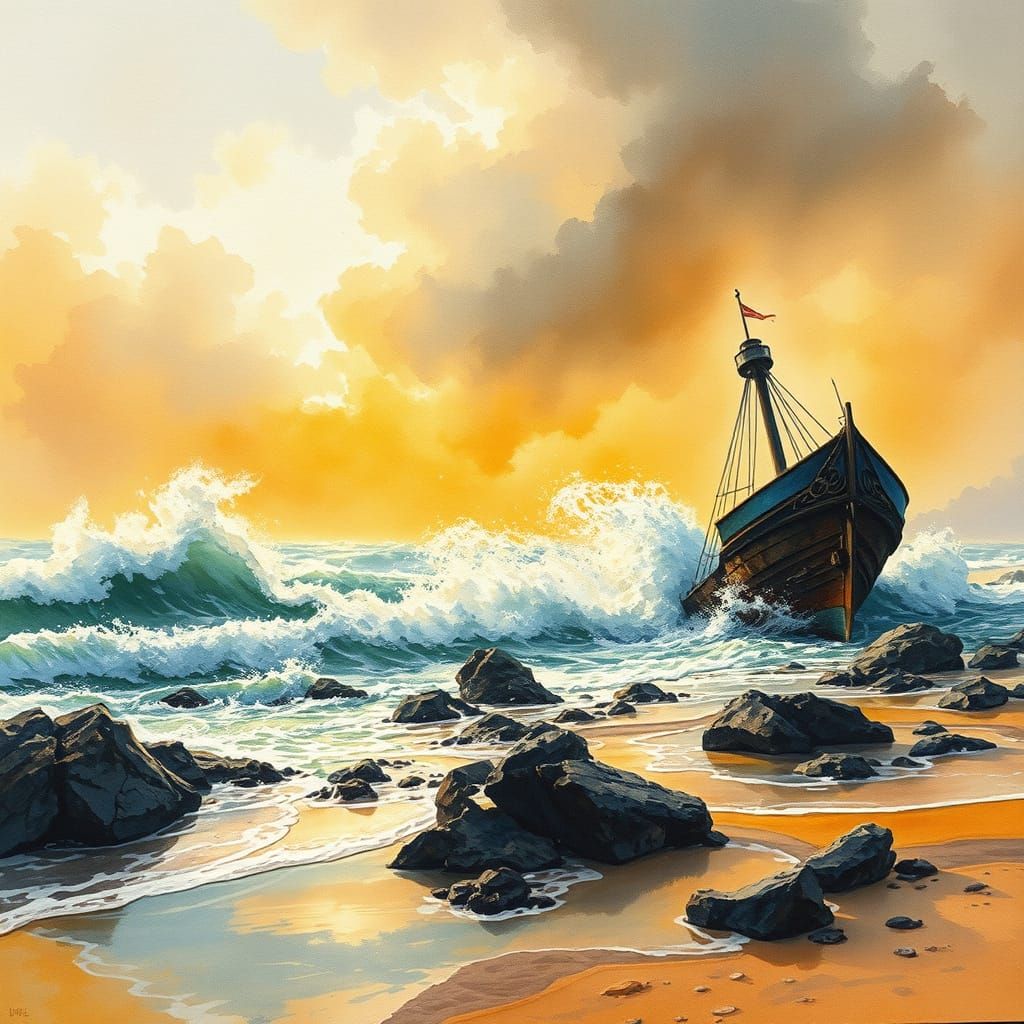 Stormy Beach Scene in Expressive Watercolor Style