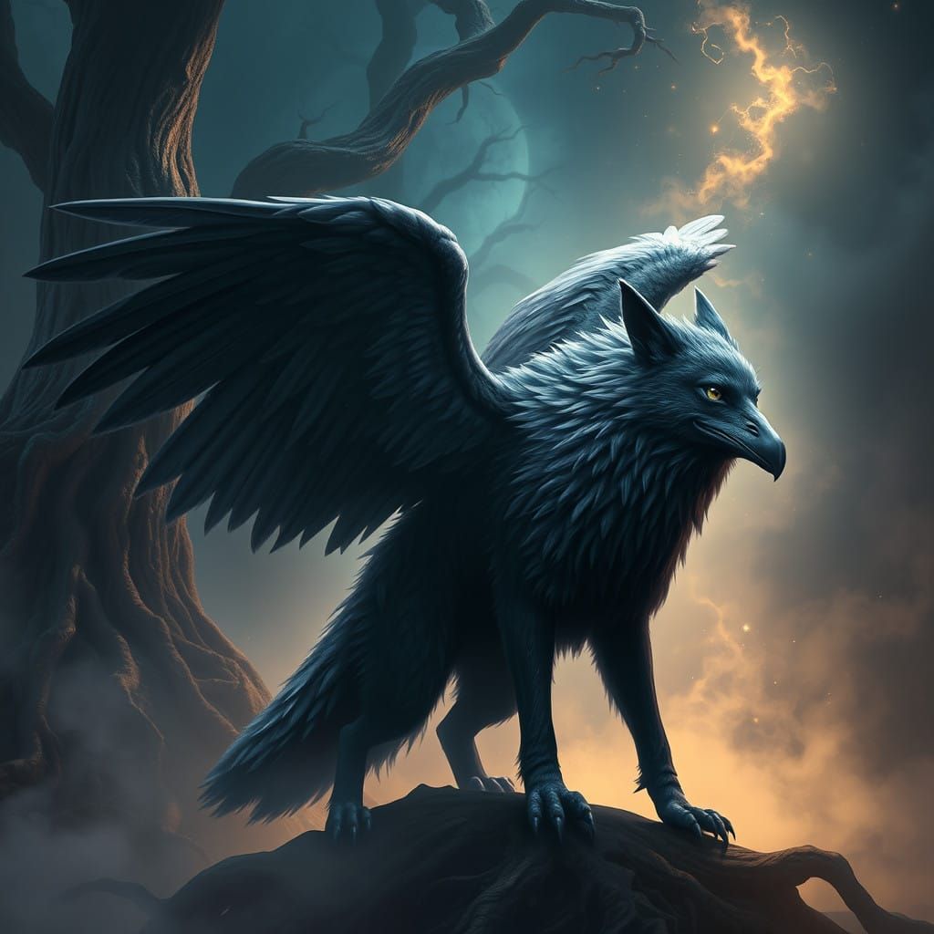 Wolf Raven Hybrid in Mystical Celestial Landscape