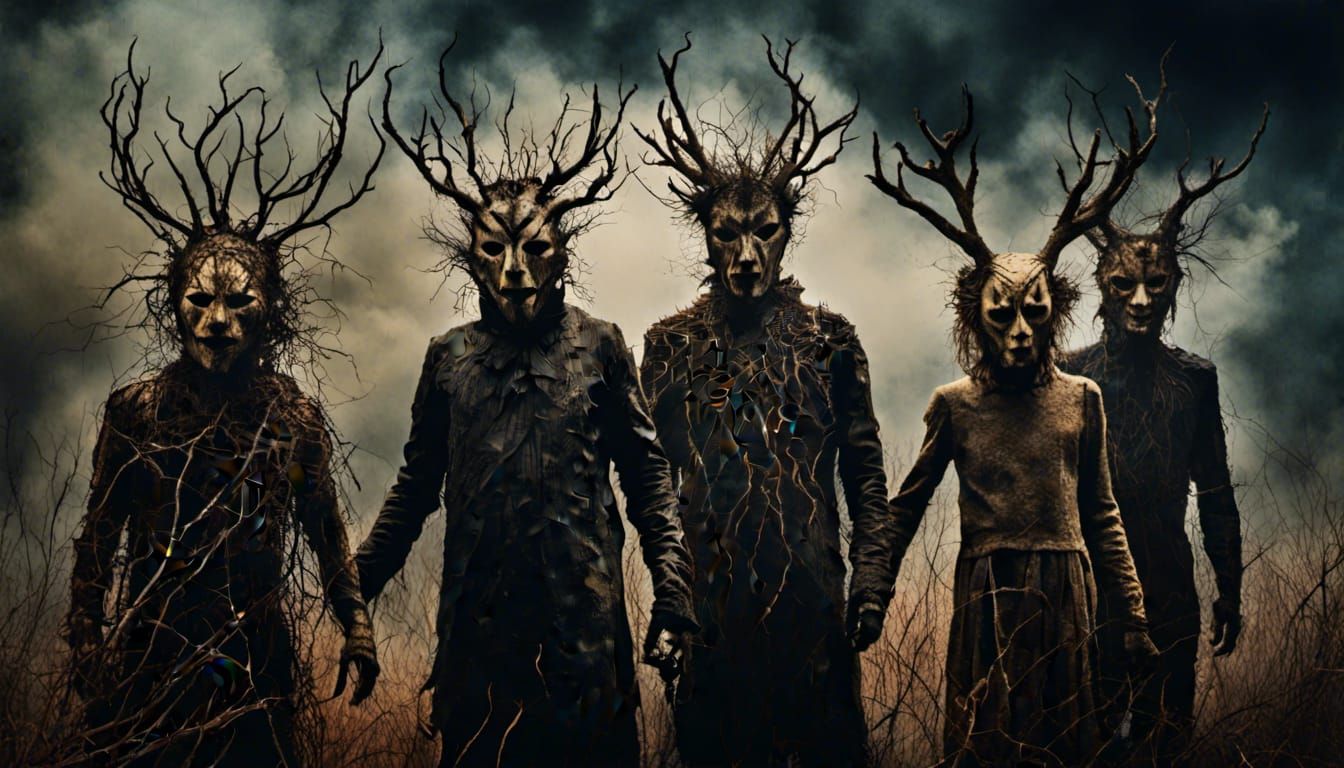 English Folk Horror Scene with Wicker Man and Animal Masks