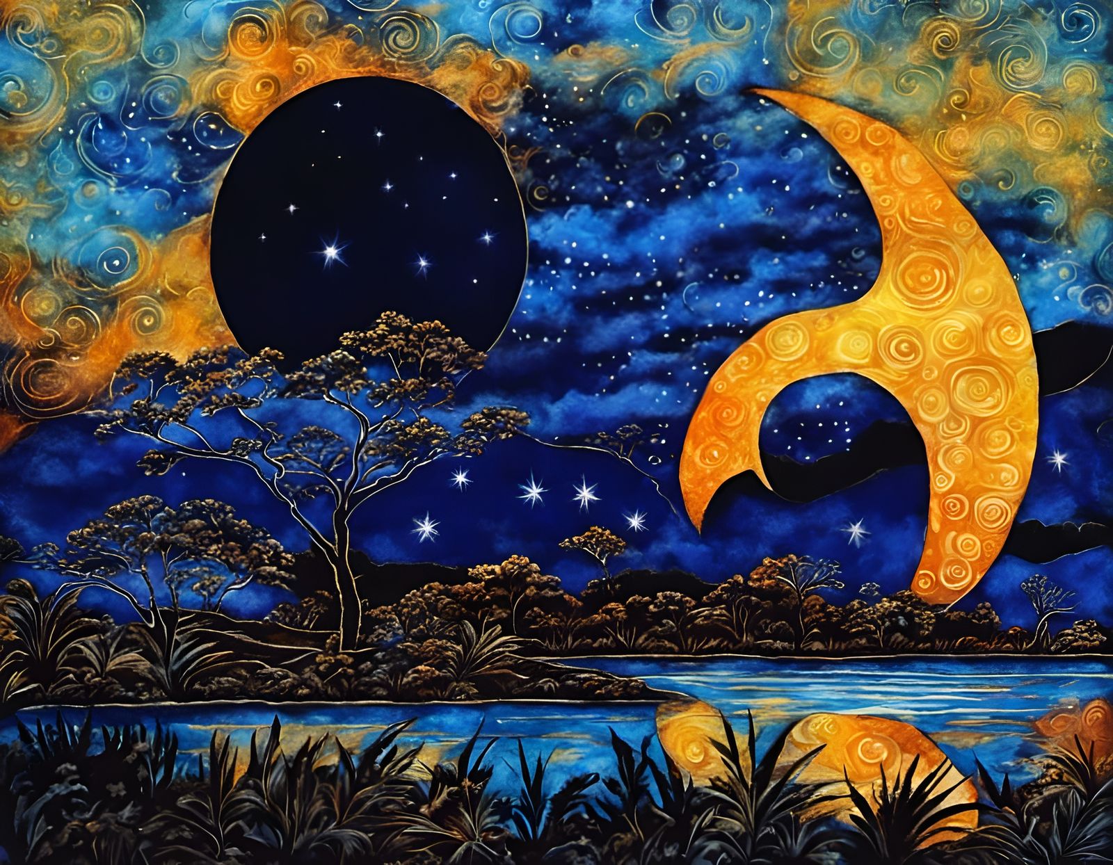 Batik night sky with moon-lit landscape.