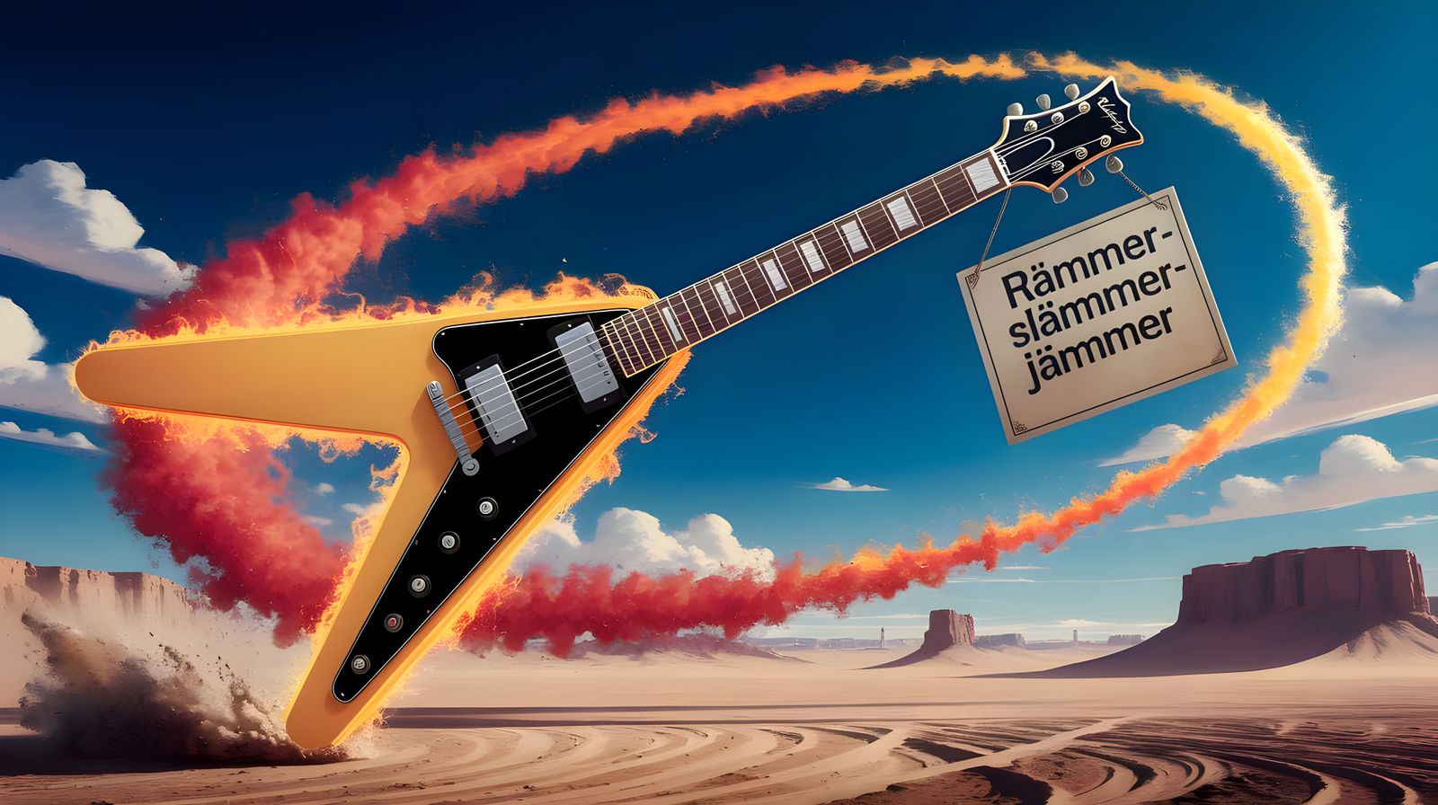 Burning Guitar Over Desert, Pixar Style