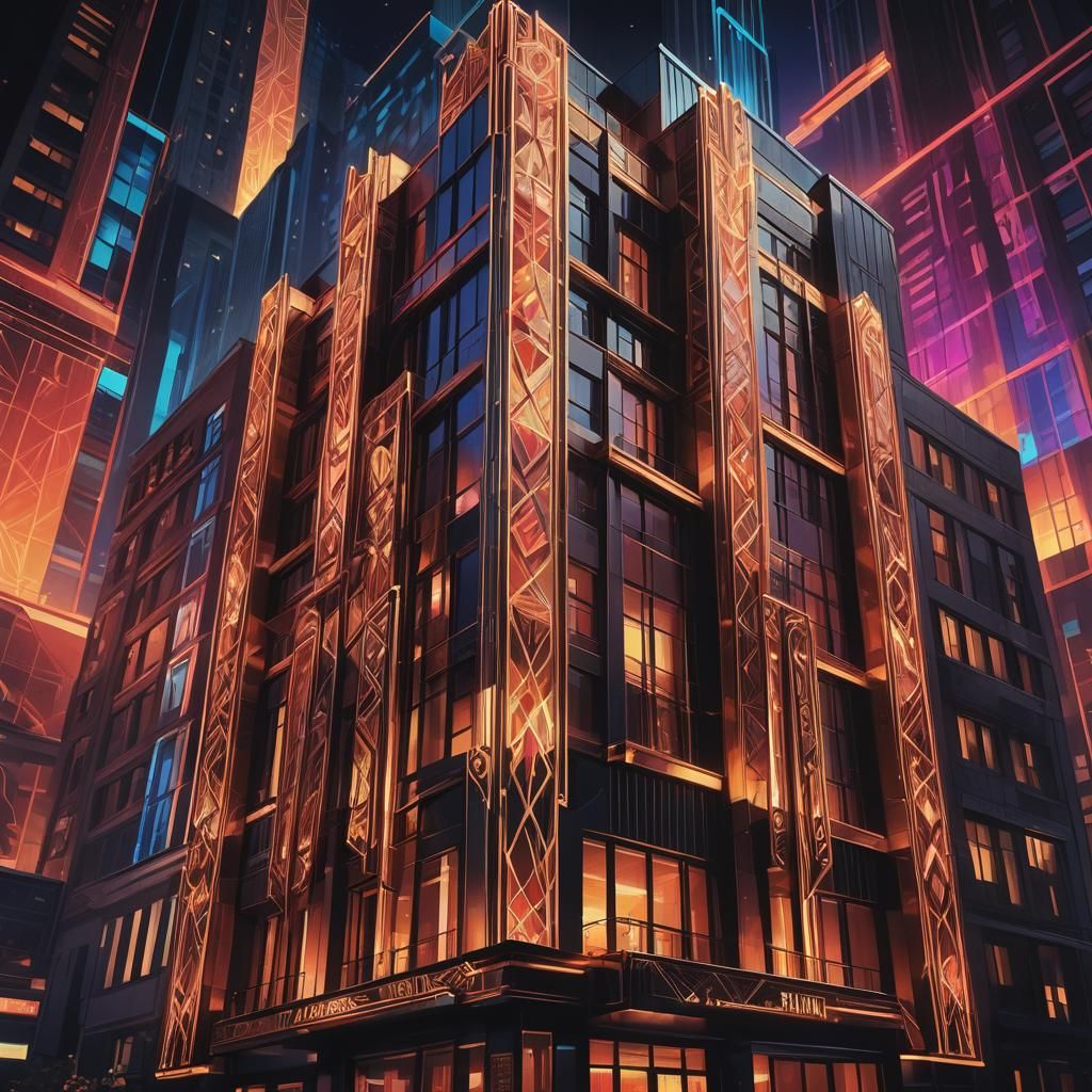 Neon Art Deco Building with Geometric Shapes