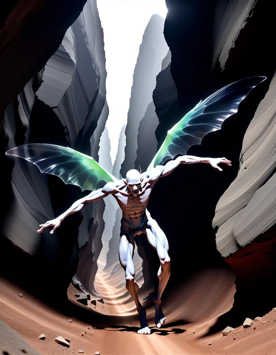Golem Fairy Soaring Through Mountain Canyon