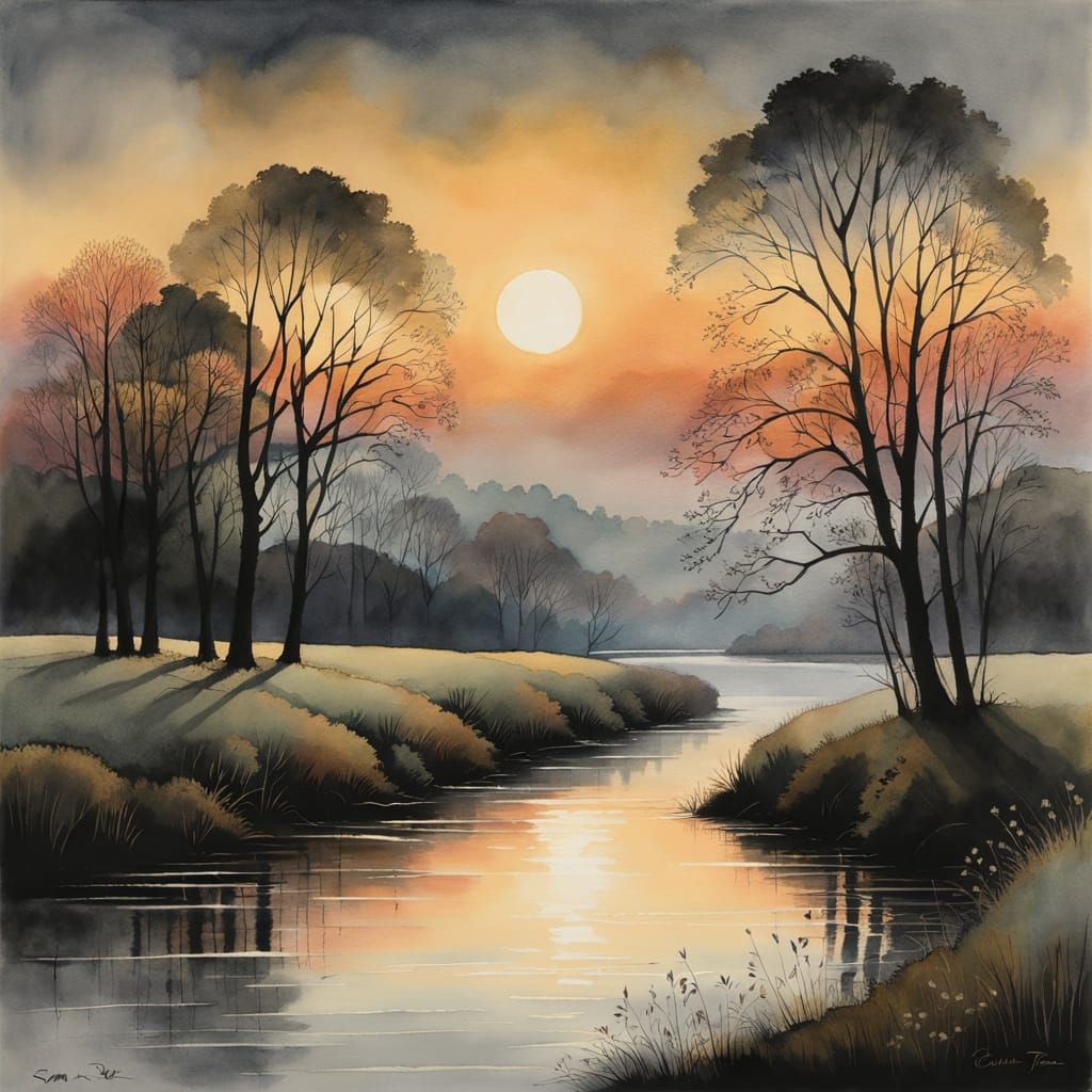 Misty River at Dusk Watercolor Painting