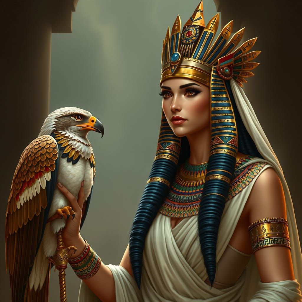 Ancient Egyptian High Priestess with Majestic Falcon God