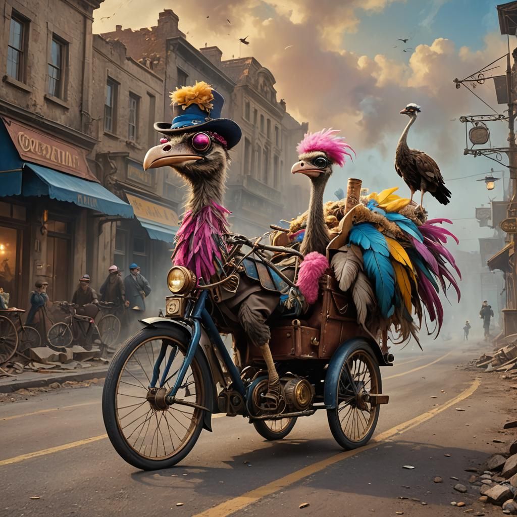 Steampunk Ostrich Chasing Feathered Bicycle on Crumbling Roa...