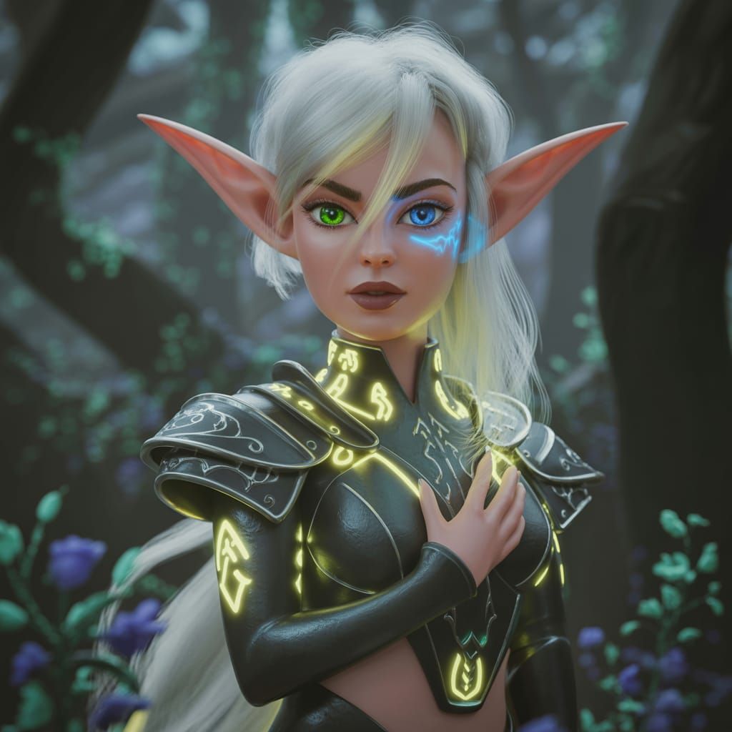 Elf with Black Skin in Moonlit Forest