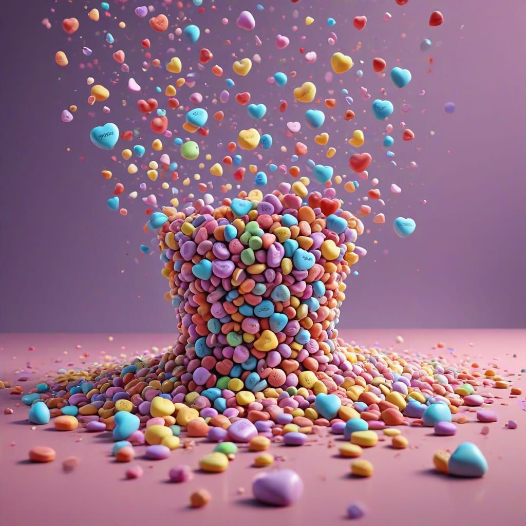 Whimsical Candy Hearts Spill Across a Table in Vibrant Digit...