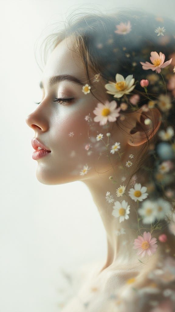 Dreamy Portrait of a Young Woman Amidst Blooming Wildflowers