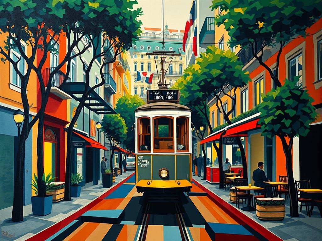 Neo-Cubist Painting of Lisbon Street with Iconic Tram