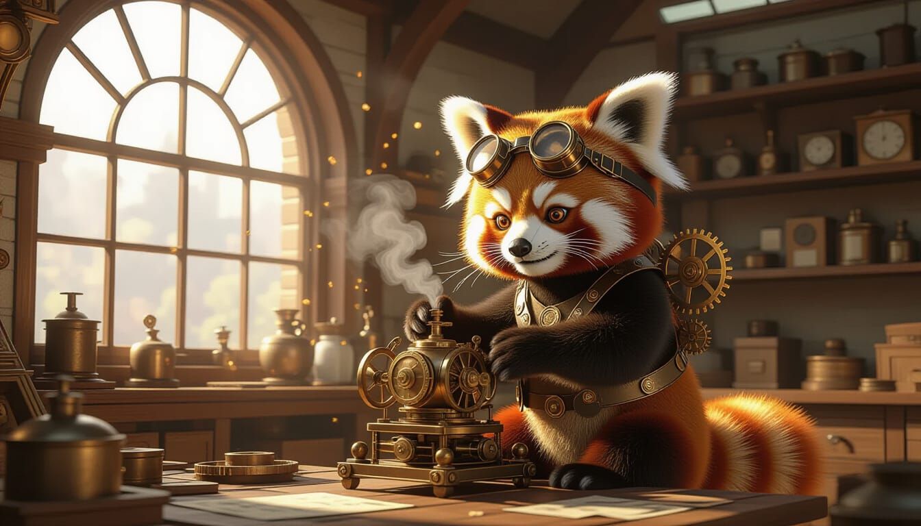 Steampunk Red Panda Tinkers with Automaton in Workshop