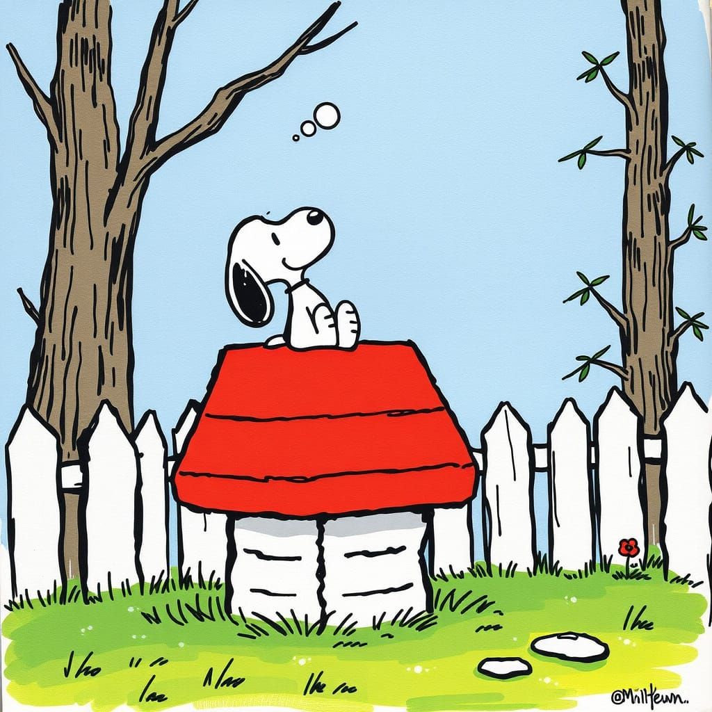 Snoopy on Doghouse in Comic Strip Style