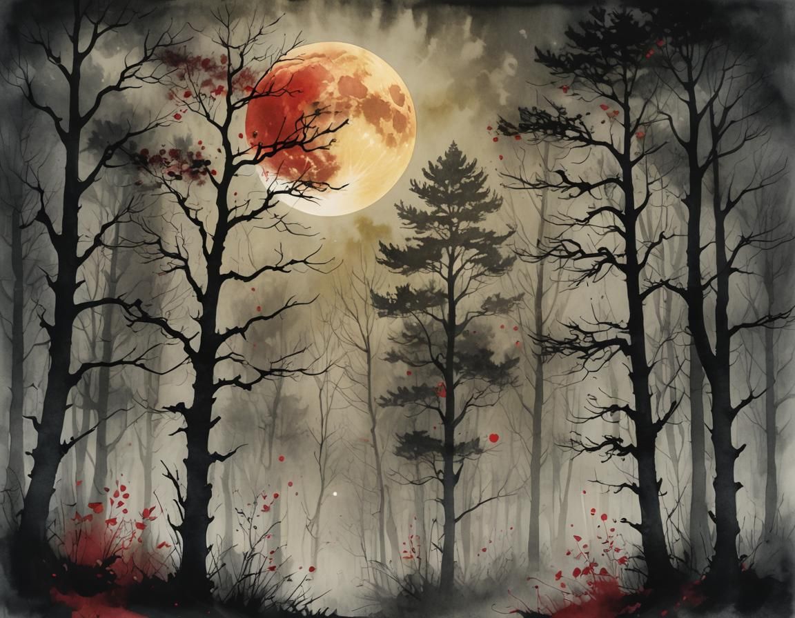 Ethereal Moonlit Forest in Vintage European Ink Style