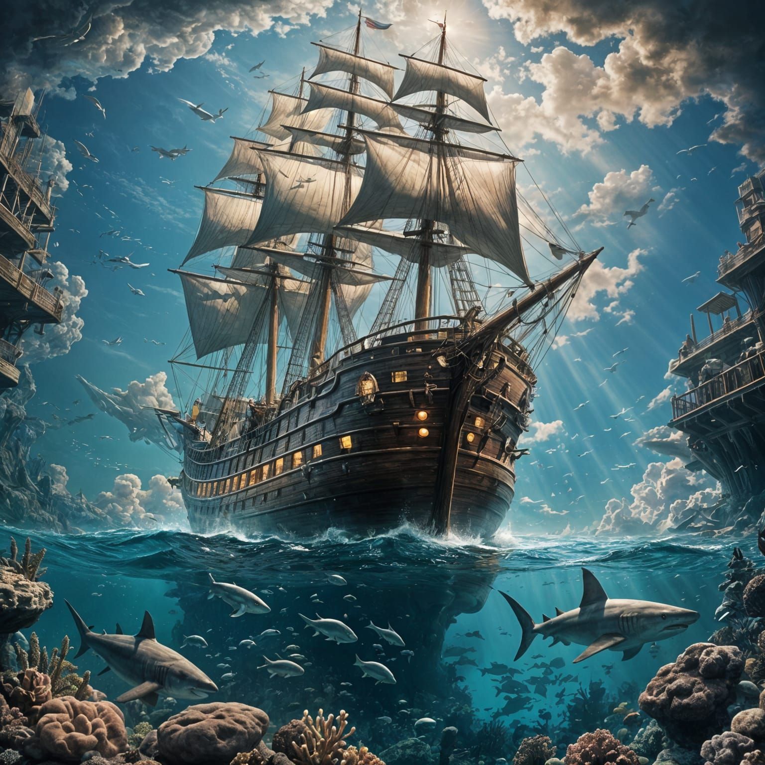 Schooner Sailing Above Sharks: Detailed Matte Painting