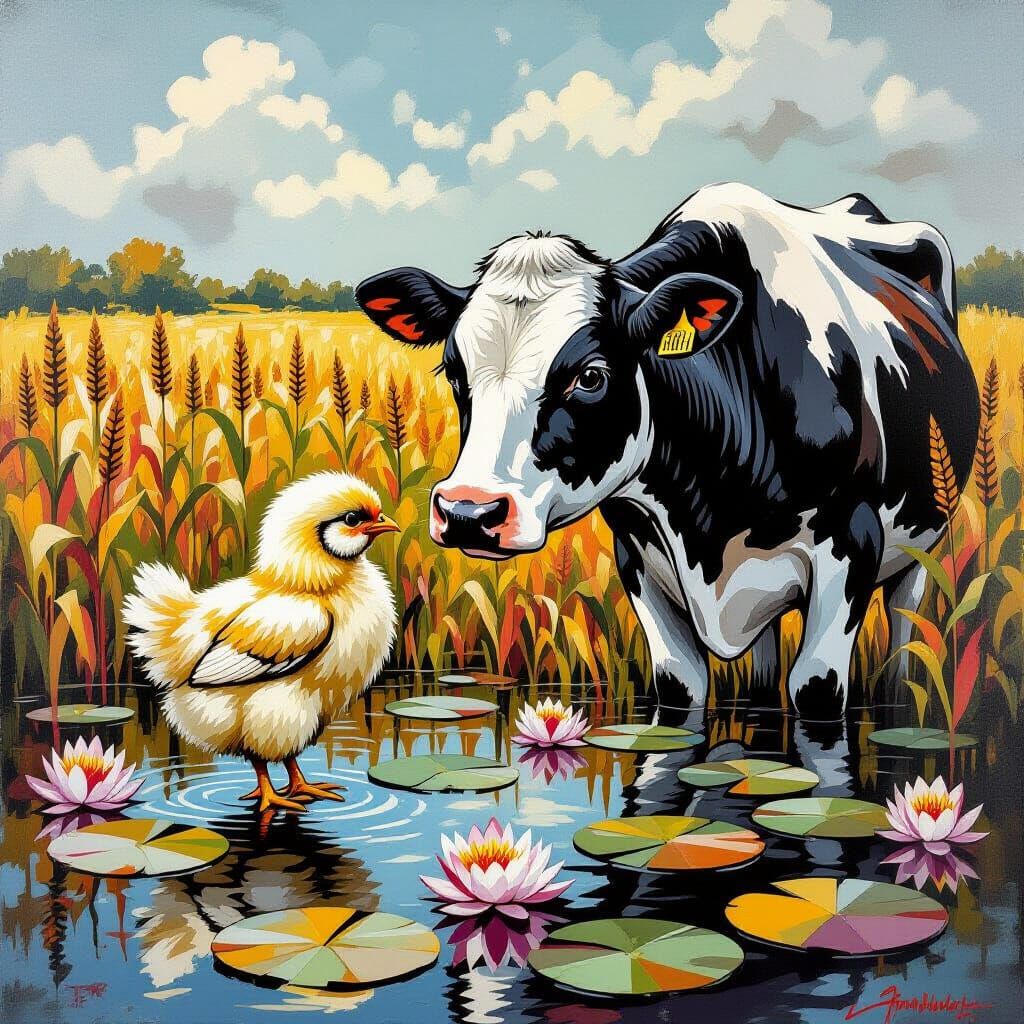 Chicken and Cow Tenderness in Banksy Style