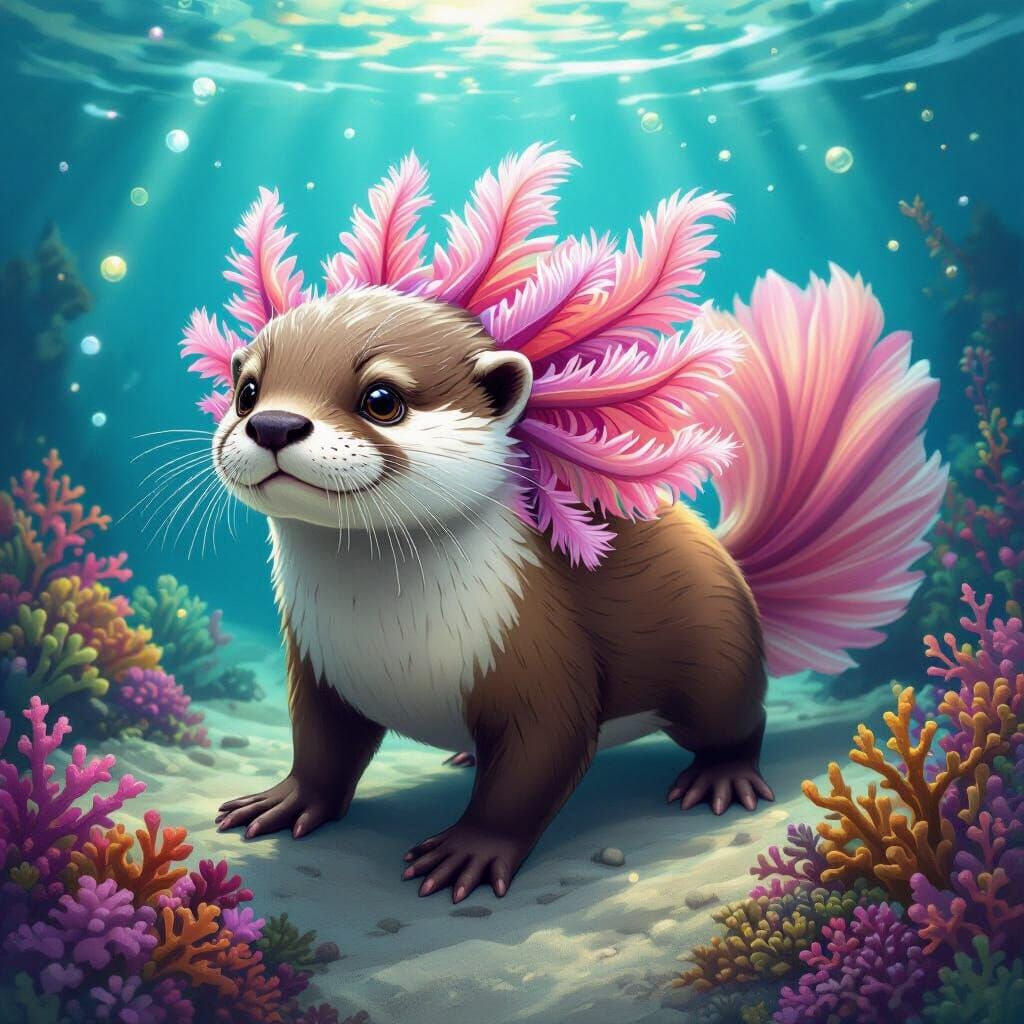 Whimsical Otter-Axolotl Hybrid in Underwater Fantasy
