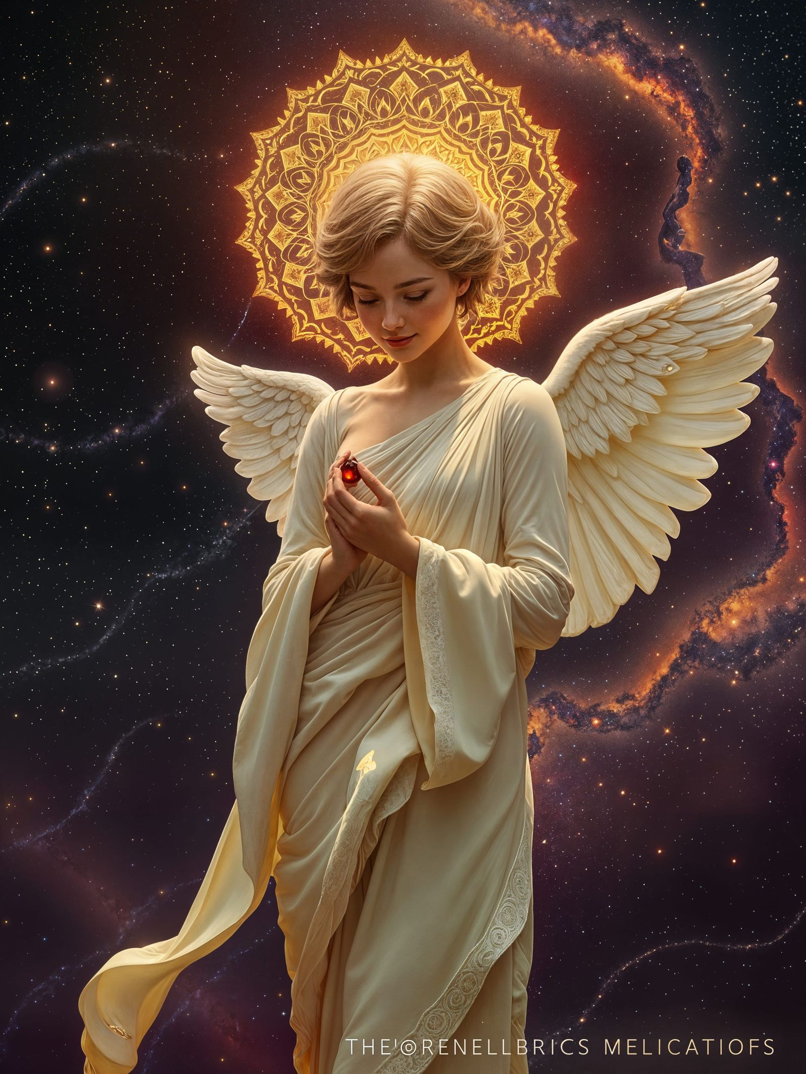 Angelic Figure with Gem in Galaxy Sky