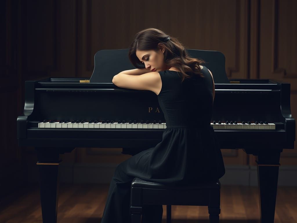 Forlorn Woman Rests Head on Grand Piano