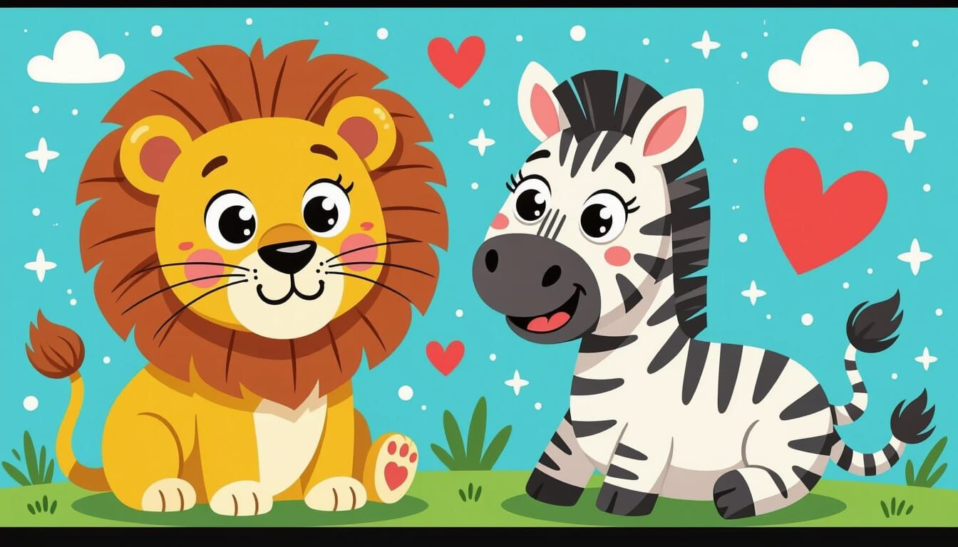 Lion and Zebra Friends with Googly Eyes and Hearts