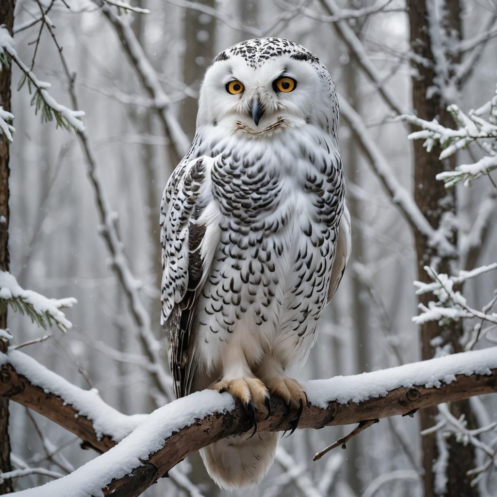 Snow Owl Perched in Winter Forest: Wildlife Photography
