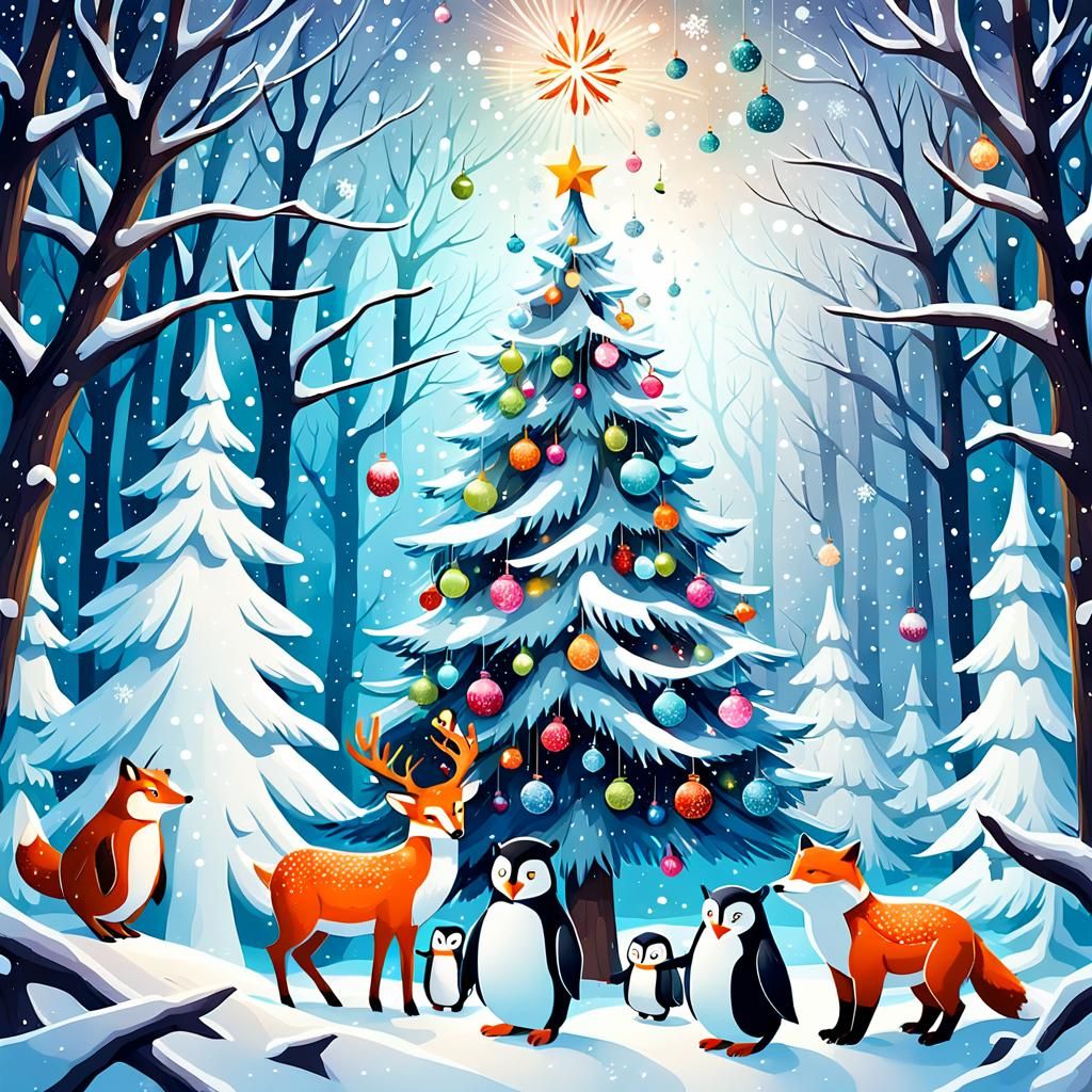 Festive Winter Animals Celebrate Christmas: Digital Art