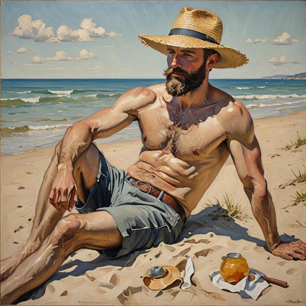 Bearded Man Resting on Beach in Photorealist Style