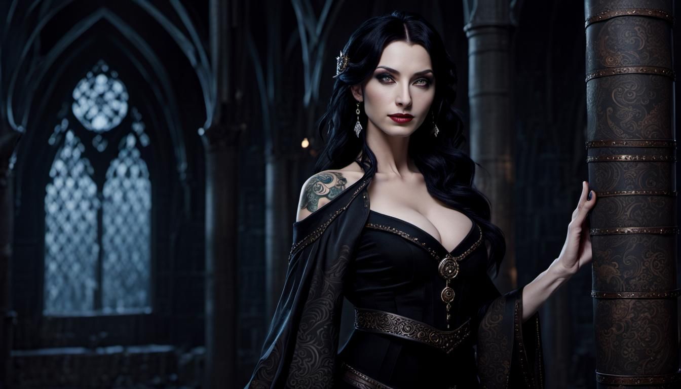 Dark-Haired Sorceress Portrait in Gothic Ambiance