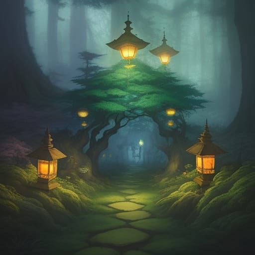 Ancient Tree Grove in Whimsical Watercolor Style