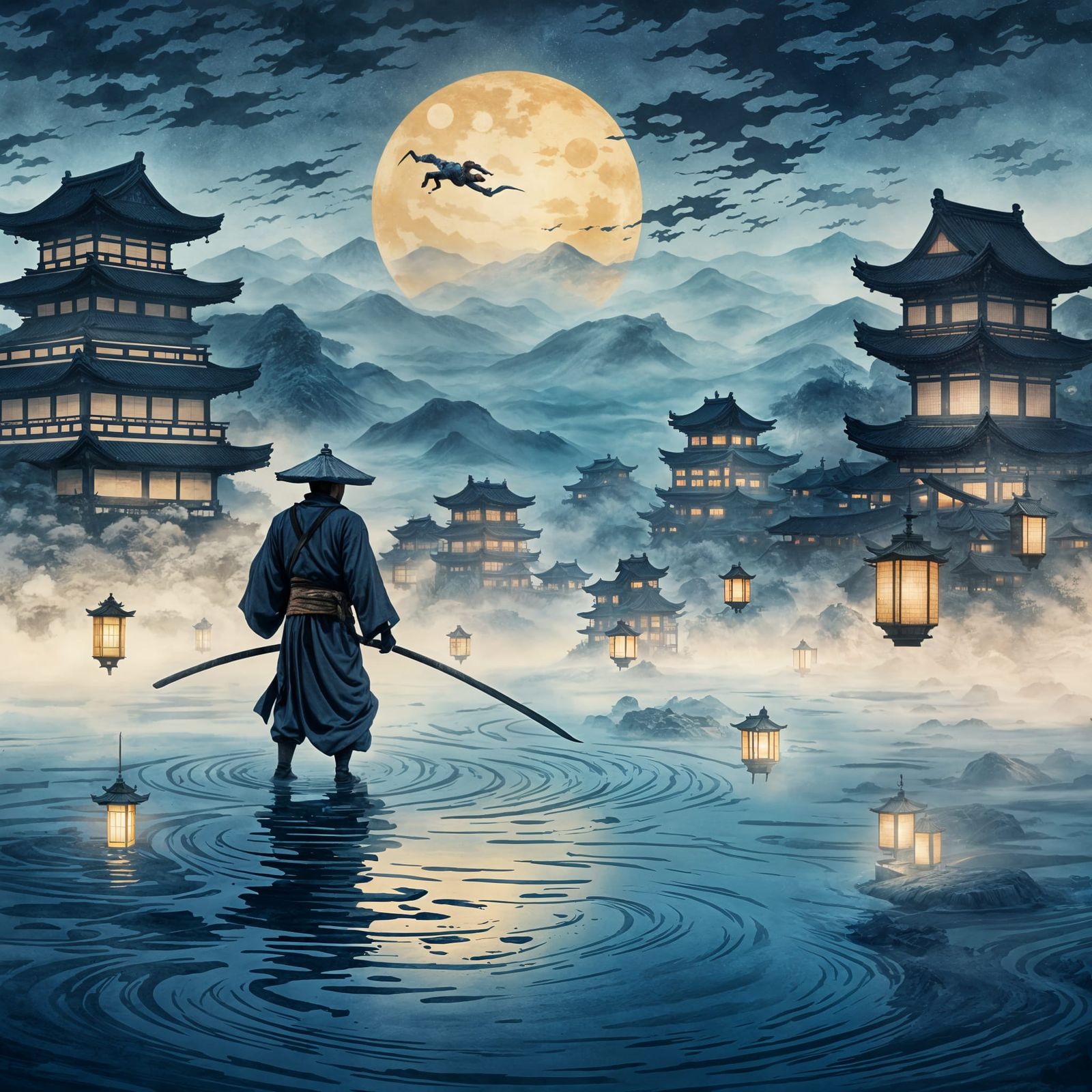 Ninja in Fog: Ukiyo-e Fantasy Concept Art