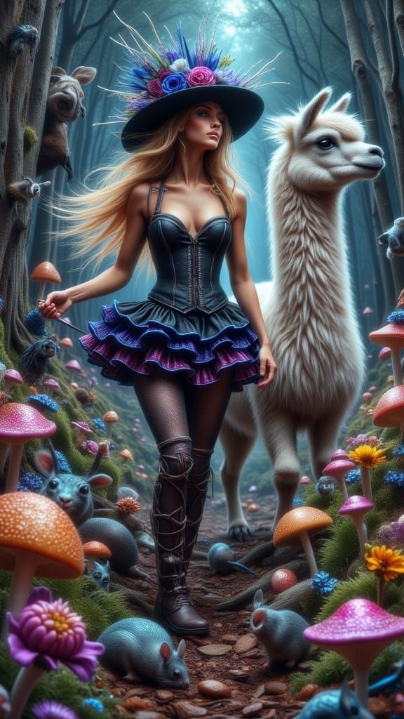 Surreal Girl with Llama in Dreamlike Acrylic Painting