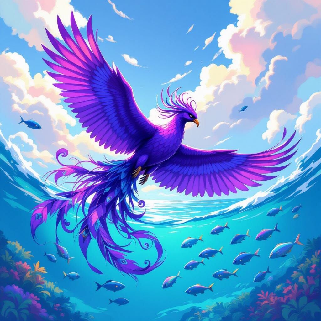 Purple Phoenix Soaring Over Tropical Sea
