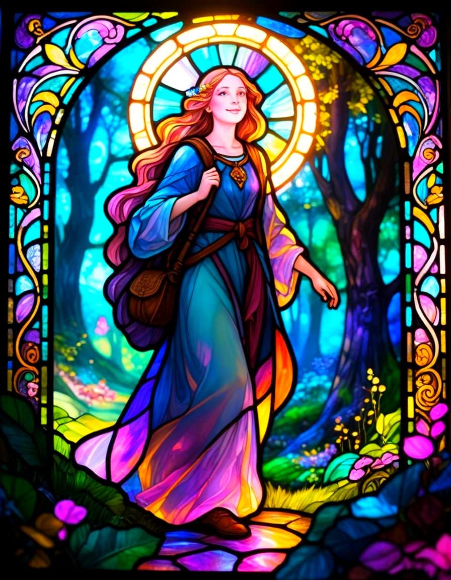 Mysterious Wanderer in Enchanted Forest Stained Glass Art