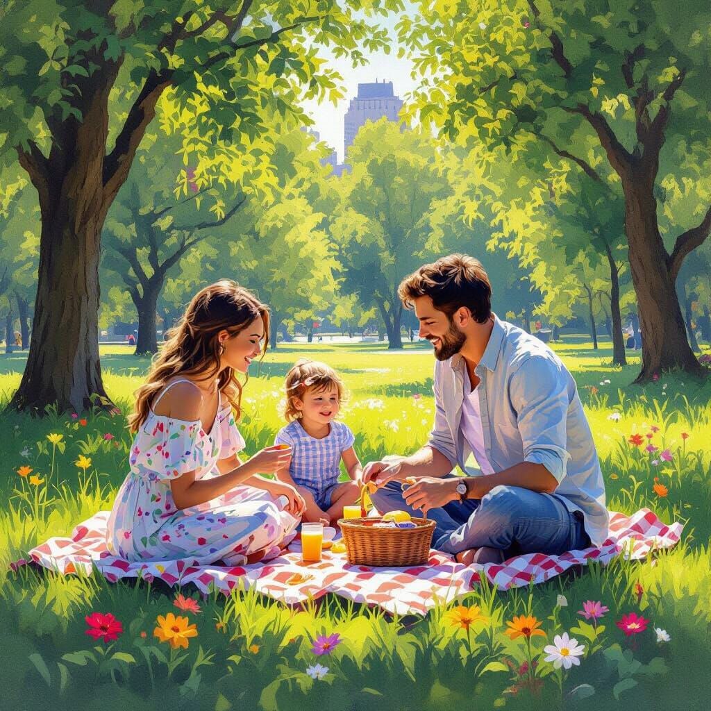 Impressionistic Family Picnic in City Park