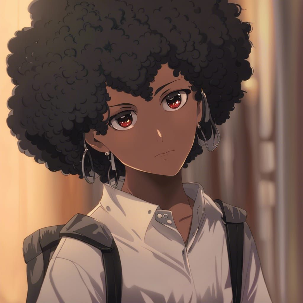 Anime Style Portrait of Black Teenager with Afro