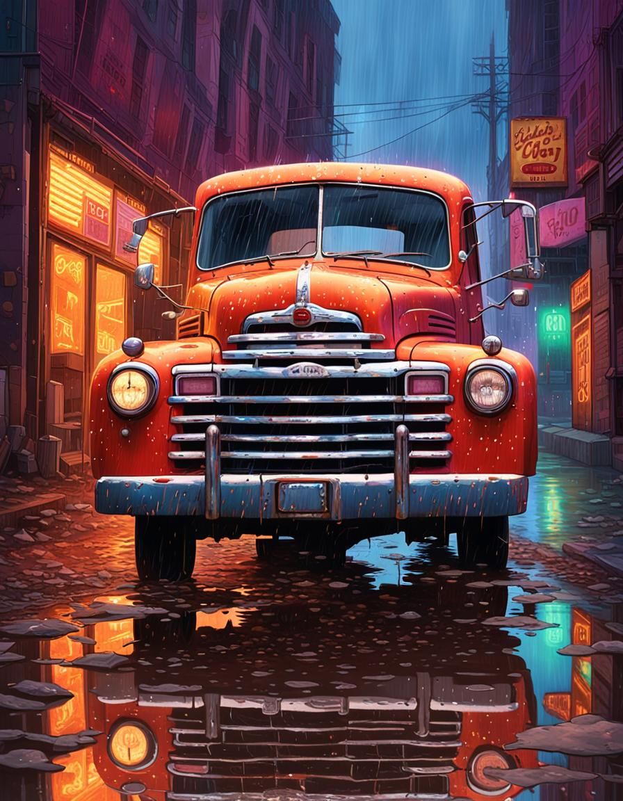 Derelict 1950s Truck in Neon Cityscape