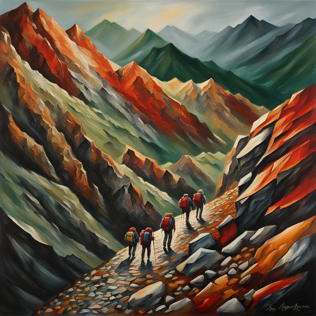 Mountain hikers on a steep slope III