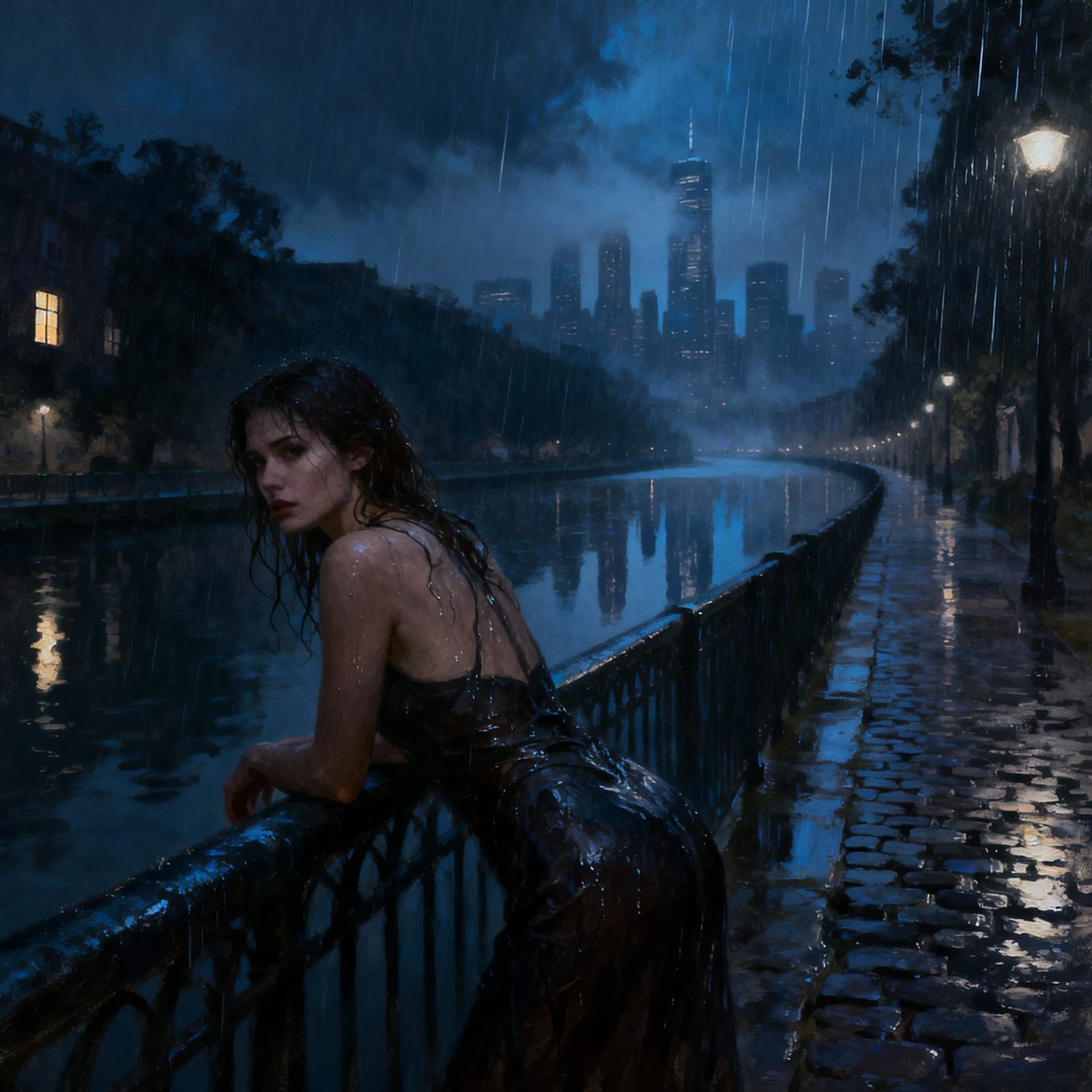 Surreal Oil Painting of Woman by Rainy Canal