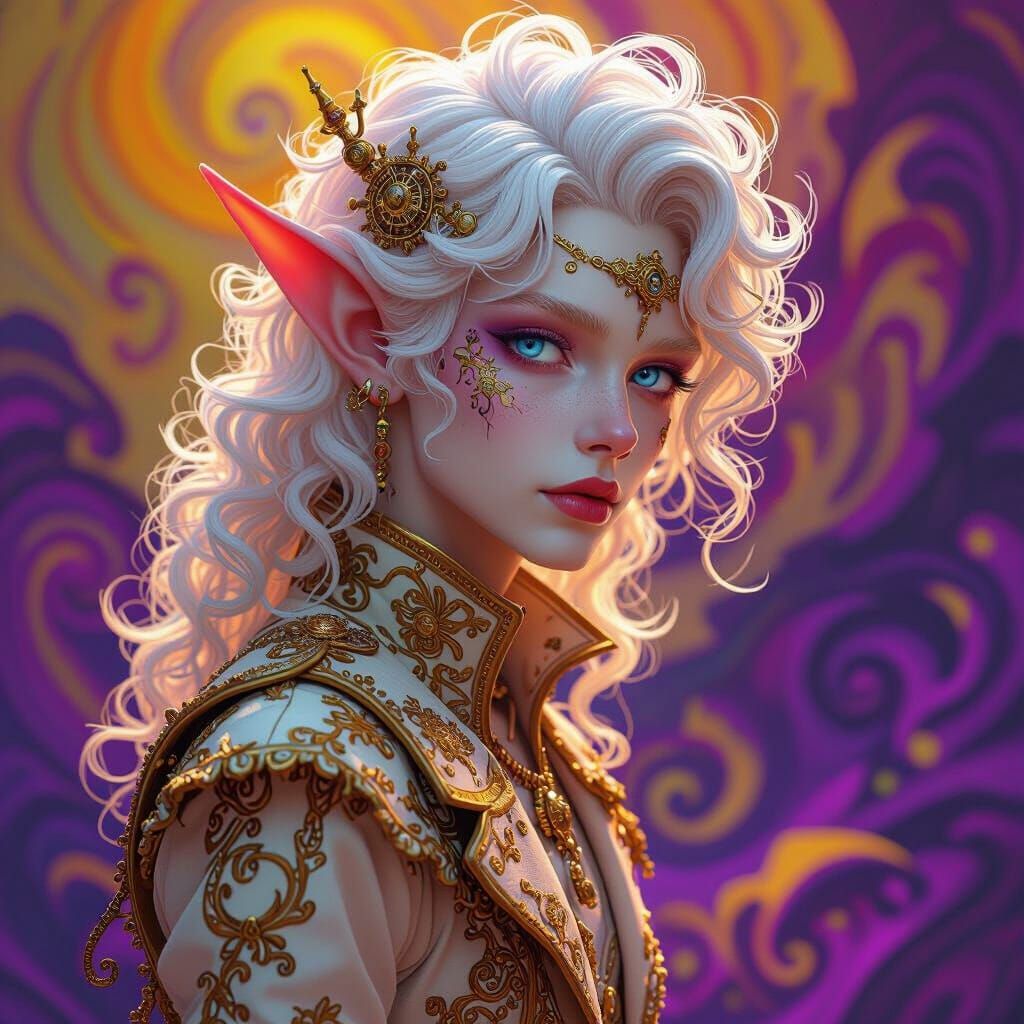 Albino Elf in Steampunk Attire, Hyperrealistic Dark Fantasy