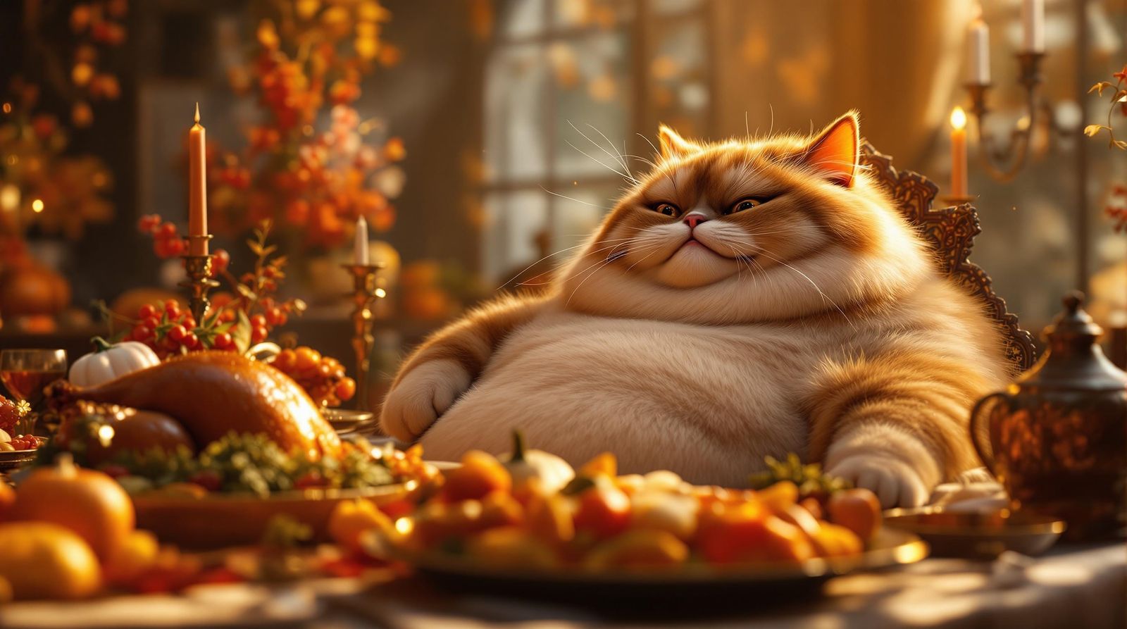 Happy Chubby Cat Thanksgiving Dinner: 3D Render