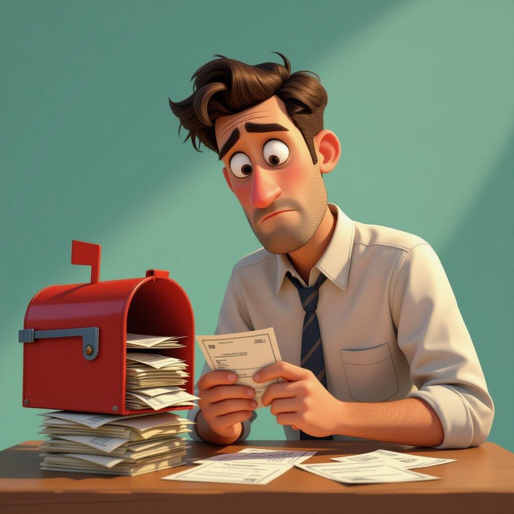Man Overwhelmed by Bills in Pixar-Style Art