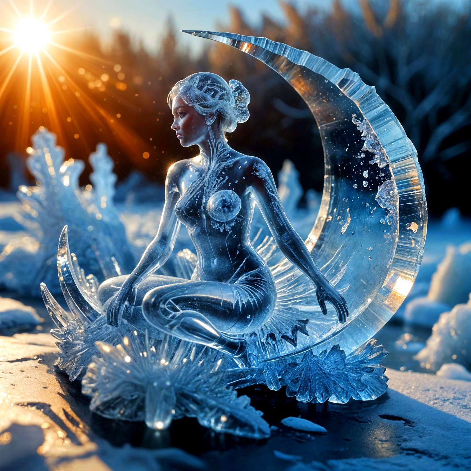 Hyperrealistic Ice Lady in a Glowing Ice Crescent