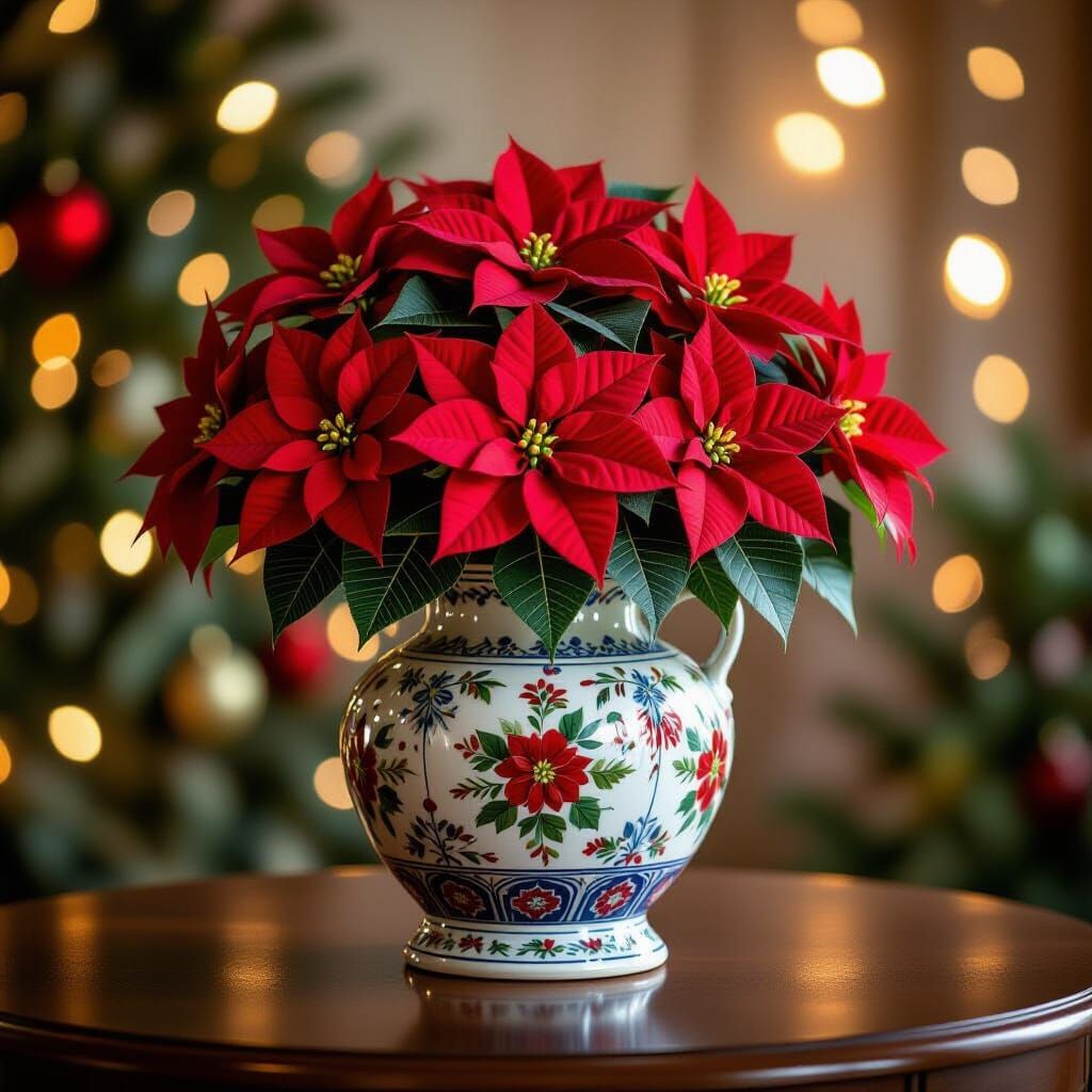 Hyperrealistic Poinsettias in Ornate Vase with Festive Bokeh