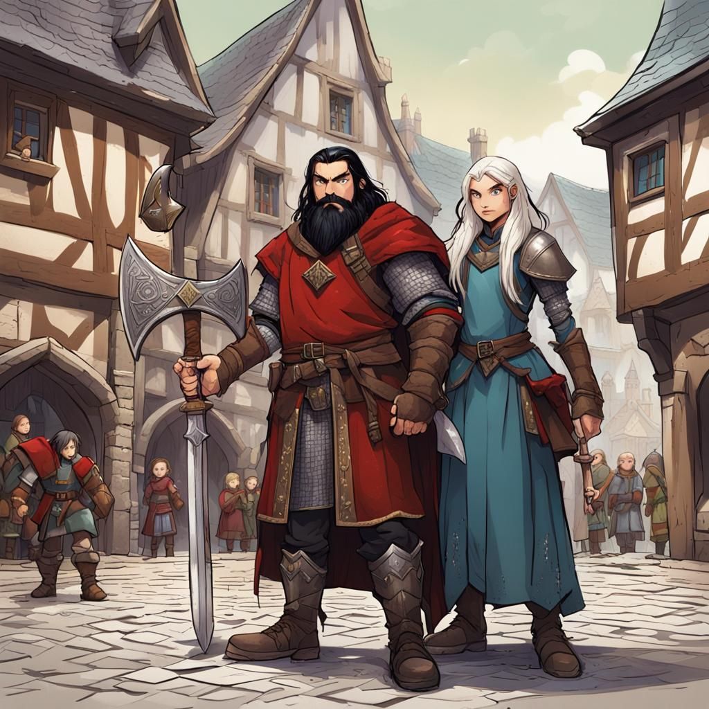 Fantasy Trio in Medieval Town Square, Anime Style