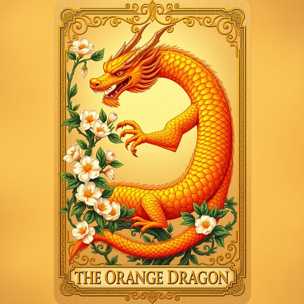 Majestic Tarot Card with Golden Border and Orange Dragon