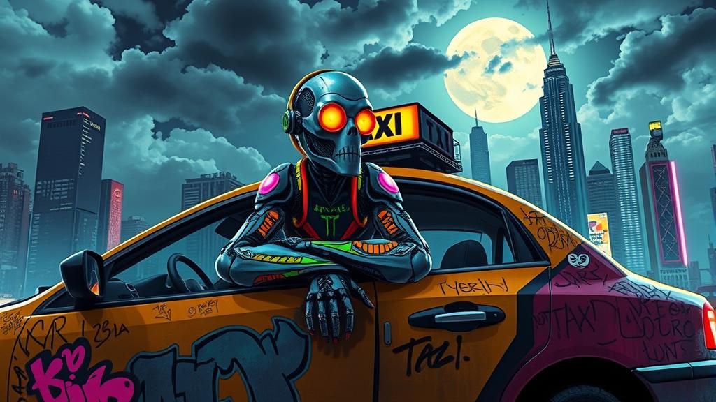 Cyberpunk Taxi Driver in Neon Cityscape