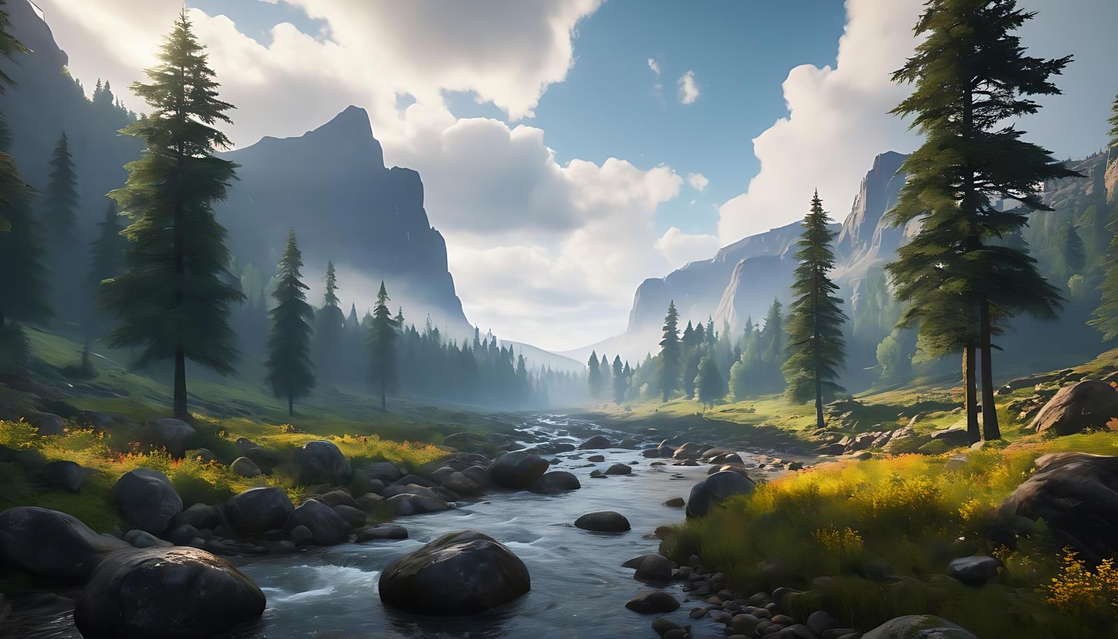 Scenic Valley with Misty Forest and River