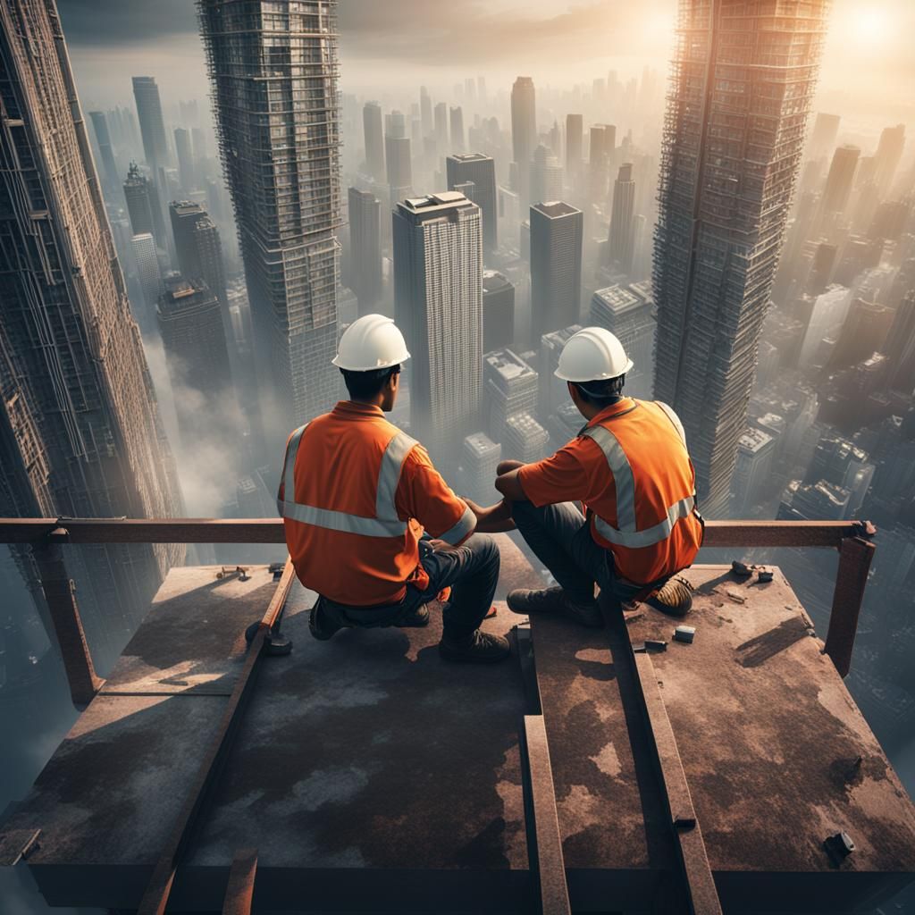 Asian Construction Workers High Above Skyscrapers